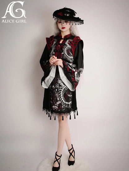 Original Alice Girl Dragon Print Dress – Light Lolita Gothic Punk Slip Dress