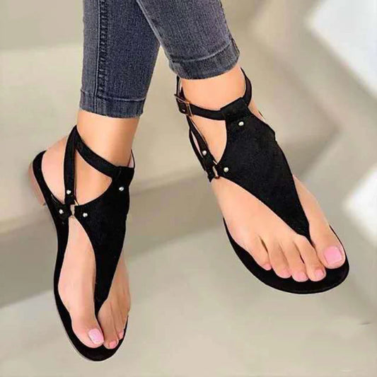 Buckle Up Summer PU Leather Flats – Women's Fashion Sandals