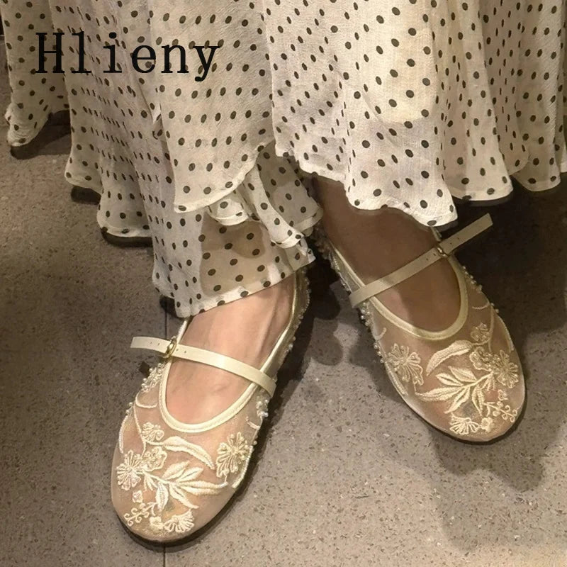Elegant Mesh Mary Janes with Floral Embroidery & Pearls – Hlieny Loafers
