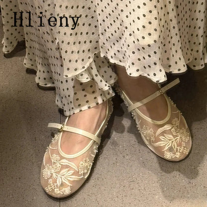 Elegant Mesh Mary Janes with Floral Embroidery & Pearls – Hlieny Loafers