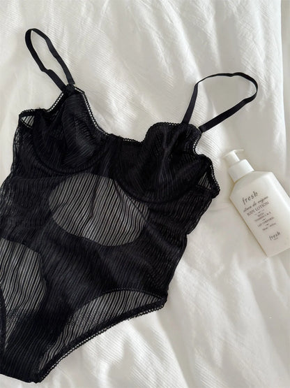Halter Neck Lace Bodysuit – Sexy One-Piece Mesh Lingerie for Women
