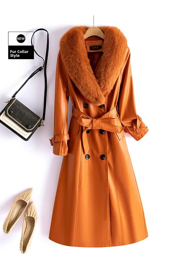 Trendy Sheepskin Leather Coat – Long Over-Knee Autumn Winter Fashion for Women