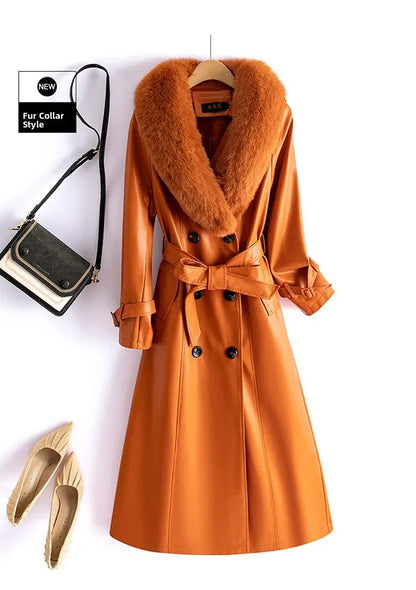 Trendy Sheepskin Leather Coat – Long Over-Knee Autumn Winter Fashion for Women