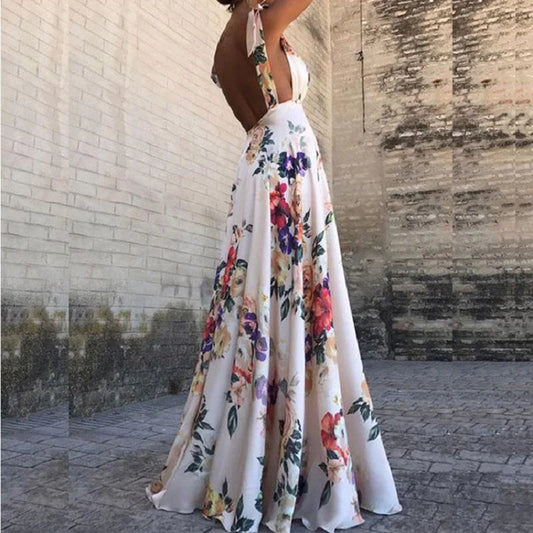 Backless Printed Maxi Dress – High Waist Swing Camisole Dress for Women