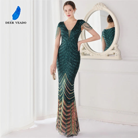 Glamorous Beaded Mermaid Evening Dress – Elegant V-Neck Silhouette for Women