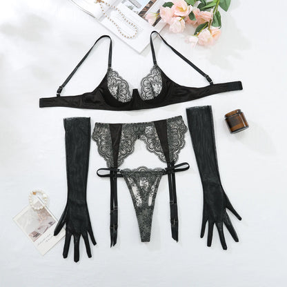 Ellolace Lace Sexy Lingerie Set With Long Glove Attractive Chest Suspenders Ensemble Lingeries Femmes Delicate Lace Underwear