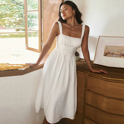Boho-Inspired White Corset Midi Dress – Lace-Up Elegance for Summer Days