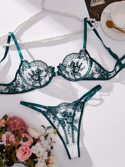 Ultra-Sexy Transparent Lace Lingerie for Women – 2PC Embroidered Set