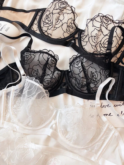 Rose Embroidery Plus Size Lingerie – Anti-Sagging Soft Steel Ring Bra Set for Women