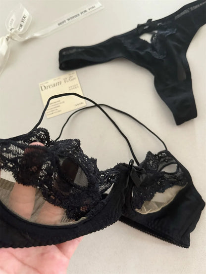 Sexy European Style Half Cup Bra – Lace Hollowout Push Up with Cute Bow Detail