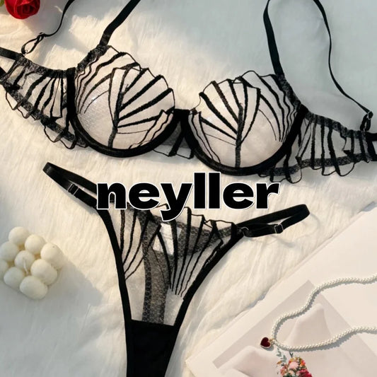 All-Season Women’s Lingerie – Black Scallop Bra & Thong with Adjustable Garters