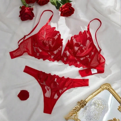 French Style Embroidered Lingerie Set – Deep V Plunge Bra & Sheer Thong for Women