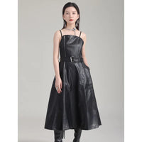 [Vibe] Black Leather Belted Dress – Sleeveless Fashion Loose Fit Women’s Dress
