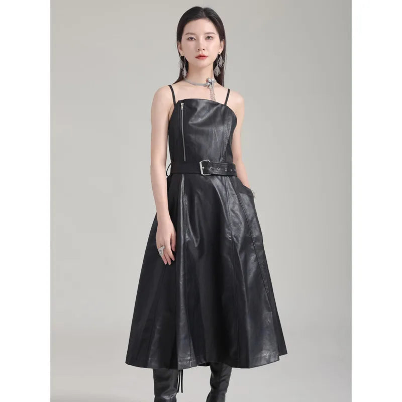 [Vibe] Black Leather Belted Dress – Sleeveless Fashion Loose Fit Women’s Dress