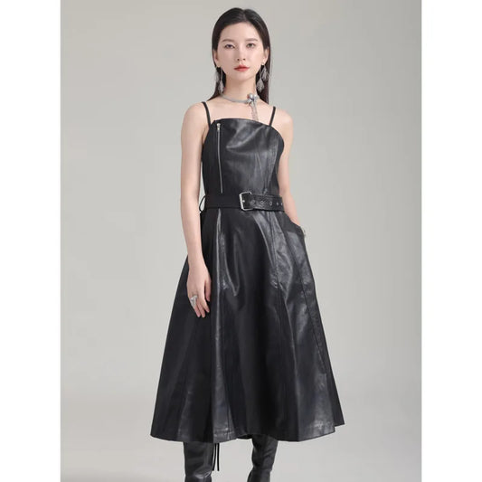 [Vibe] Black Leather Belted Dress – Sleeveless Fashion Loose Fit Women’s Dress