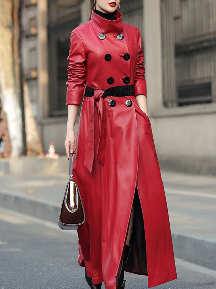 Women’s Autumn Maxi PU Leather Trench – Belted Double-Breasted Luxury Coat