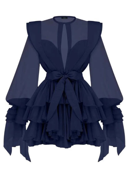 High Waist Solid Spliced Dress with Lace-Up Detail