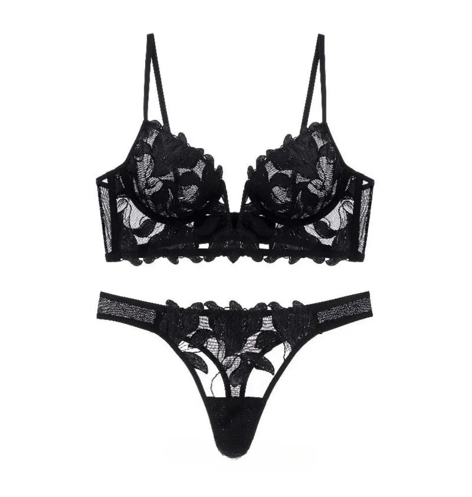 French Style Embroidered Lingerie Set – Deep V Plunge Bra & Sheer Thong for Women