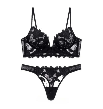 French Style Embroidered Lingerie Set – Deep V Plunge Bra & Sheer Thong for Women
