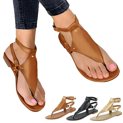 Buckle Up Summer PU Leather Flats – Women's Fashion Sandals