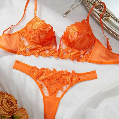 French Style Embroidered Lingerie Set – Deep V Plunge Bra & Sheer Thong for Women
