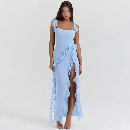 Elegant Red High Slit Maxi Dress – Backless Formal Party Dress for Women