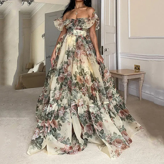Sexy Strapless Garden Party Dress – Pleated Floral Print Evening Gown