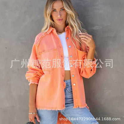 Women’s Vintage Frayed Edge Mid-Length Jean Coat – Colorful Patch Jacket