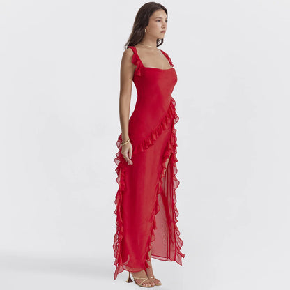 Elegant Red High Slit Maxi Dress – Backless Formal Party Dress for Women