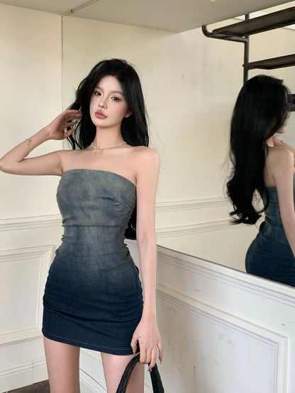 Vintage-Inspired Gradient Denim Mini Dress – Elegant & Edgy