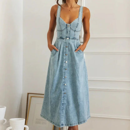 Women’s Vintage Button Denim Long Dress – Timeless Spring Style