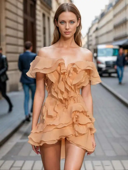 TWOTWINSTYLE Elegant Off-Shoulder Ruffle Mini Dress – Chic & Feminine