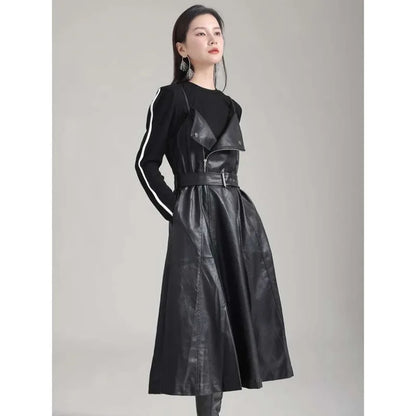 [Vibe] Black Leather Belted Dress – Sleeveless Fashion Loose Fit Women’s Dress