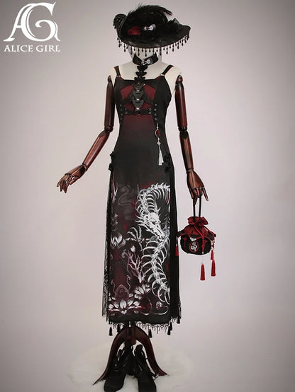 Original Alice Girl Dragon Print Dress – Light Lolita Gothic Punk Slip Dress