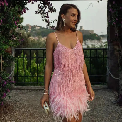 Feather Trim Sparkle Mini Dress – Club & Prom Edition