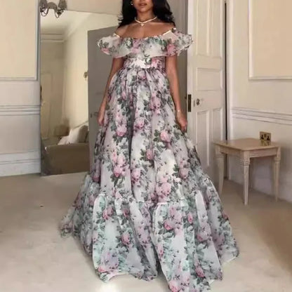 Sexy Strapless Garden Party Dress – Pleated Floral Print Evening Gown