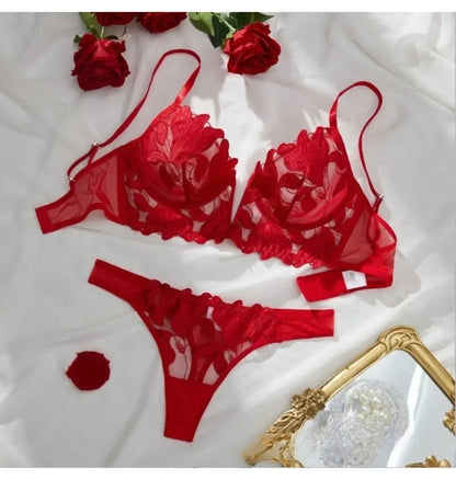 French Style Embroidered Lingerie Set – Deep V Plunge Bra & Sheer Thong for Women