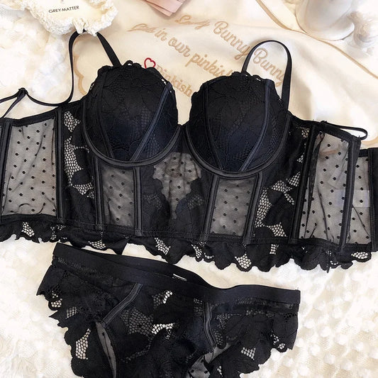 Black Mesh Dot Lace Underwear – 2-Piece Push Up Bra & Panty Set