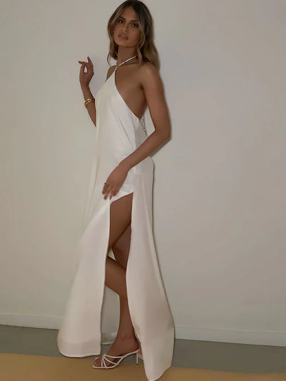 Summer Seduction: Pink Chain Halter Slit Maxi Dress