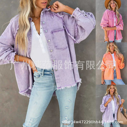 Women’s Vintage Frayed Edge Mid-Length Jean Coat – Colorful Patch Jacket