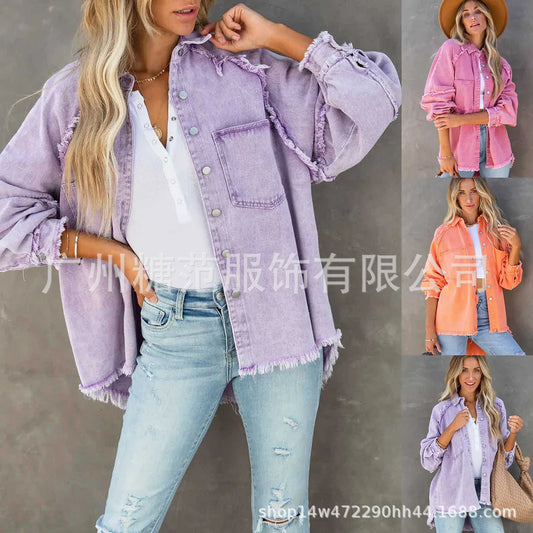 Women’s Vintage Frayed Edge Mid-Length Jean Coat – Colorful Patch Jacket
