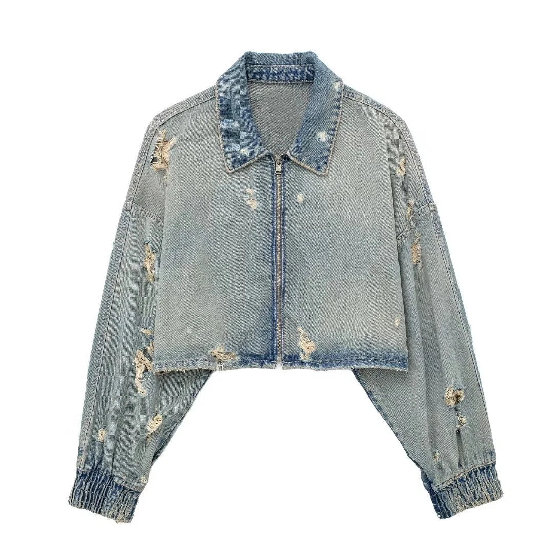 Women's Edgy Denim Jacket – Hole Detail Zipper Front Short Top by TRAFZA