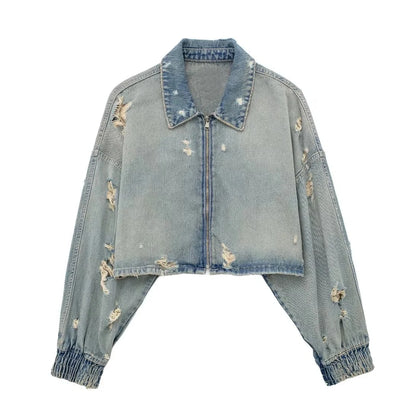 Women's Edgy Denim Jacket – Hole Detail Zipper Front Short Top by TRAFZA