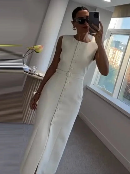 Elegant 2025 Belted Tank Dress – Slim Fit Sleeveless Street Style
