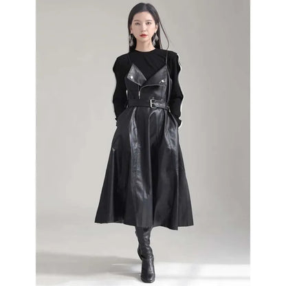 [Vibe] Black Leather Belted Dress – Sleeveless Fashion Loose Fit Women’s Dress