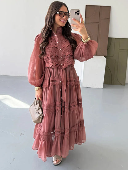 Elegant Hollow Out Floral Maxi Dress with Lantern Sleeves