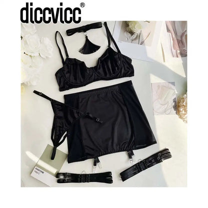 Seductive Tassel Bra & Thong Set – Satin Lace Exotic Skirt Lingerie