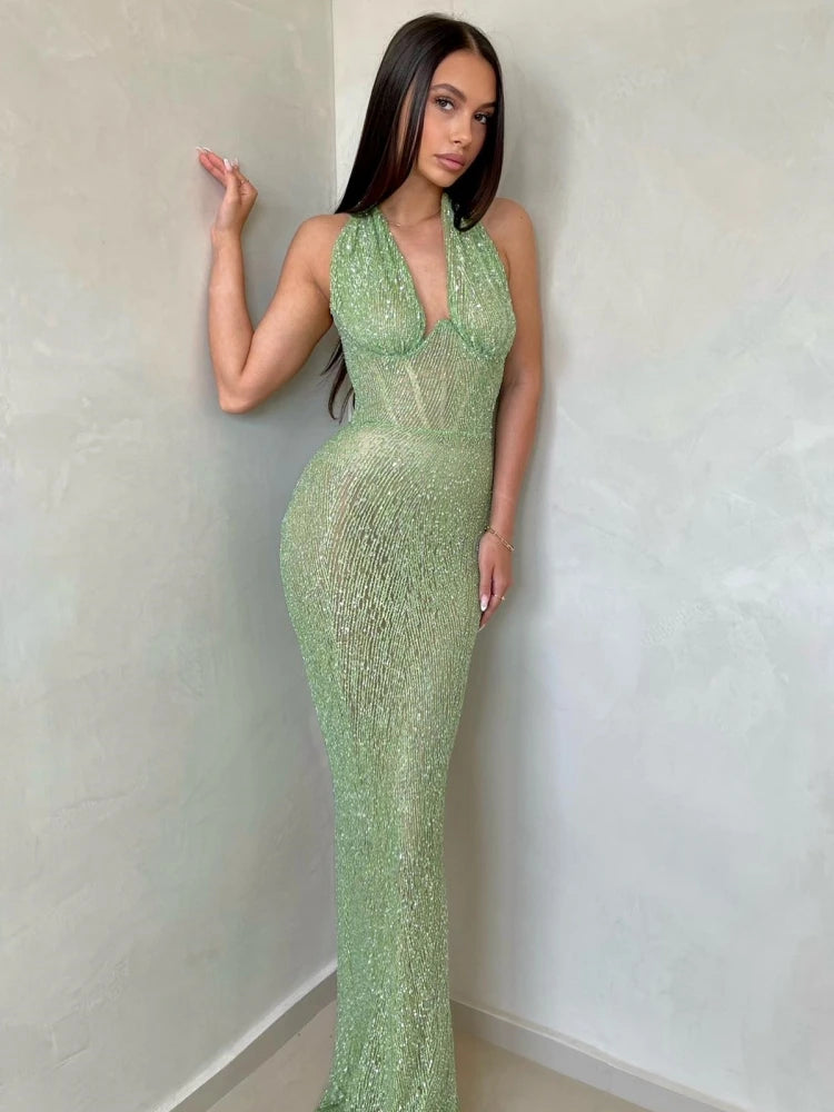 Glamour Green Sequin Halter Maxi Dress – Deep V Celebrity Gown