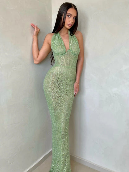 Glamour Green Sequin Halter Maxi Dress – Deep V Celebrity Gown