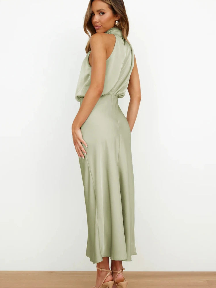 Luxury Satin Party Dress – Sleeveless Long Gown for Women’s Evening Events